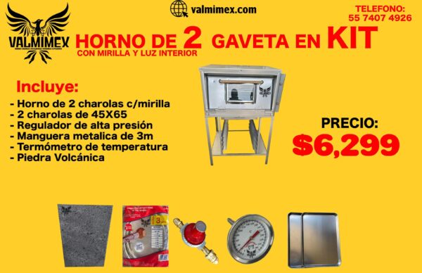 Horno de 2 gaveta en kit con mirilla y luz interior.