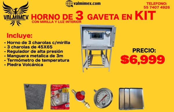 Horno de 3 gaveta en kit con mirilla y luz interior.