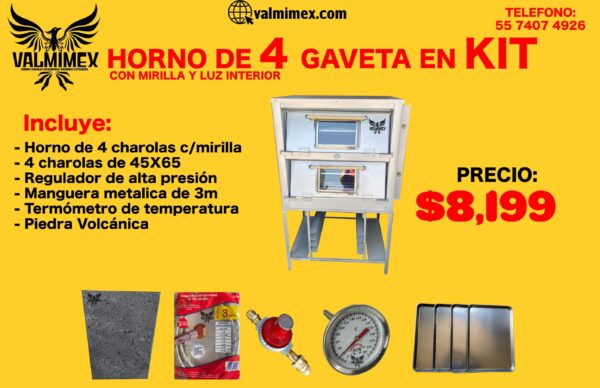 Horno de 4 gaveta en kit con mirilla y luz interior.