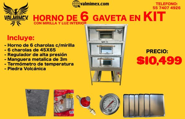 Horno de 6 gaveta en kit con mirilla y luz interior.